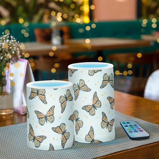 Flickering Flameless Candles, Monarch Butterflies LED Candles with Remote Timer, Set of 2 Battery Operated Candle for Valentine Wedding Birthday-VerdiqueGarden
