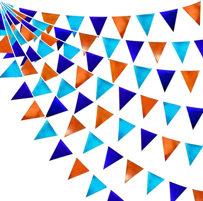 Orange Blue Party Decorations Metallic Fabric Triangle Pennant Flag Bunting Banner Garland for Birthday Baby Shower Graduation Bridal Shower Wedding Bachelorette Engagement Space Theme Party Supplies-VerdiqueGarden