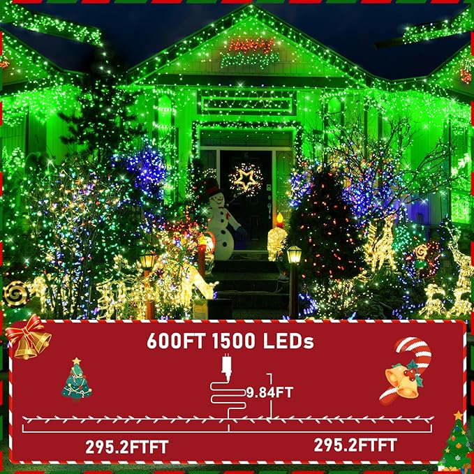 KNONEW 600ft 1500 LED String Lights Outdoor Christmas Lights 8 Modes & Timer Fairy Light Plug in Waterproof LED String Lights for Xmas Yard Tree Wedding Party Holiday Decorations (Green)-VerdiqueGarden