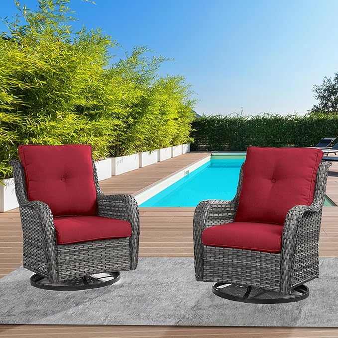 Outdoor Swivel Rcoker Wicker Chairs - Swivel Patio Chairs Set of 2 Patio Furniture Sets with Covered Cushion for Porch Deck Balcony Backyard, Red-VerdiqueGarden