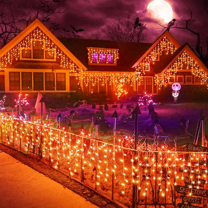 Christmas Icicle Lights Outdoor, 66ft 640 LED Icicle Lights for Outside with 8 Modes Timers, Waterproof Plug in Twinkle String Light for House Yard Eave Patio Party Holiday Decorations, Orange-VerdiqueGarden