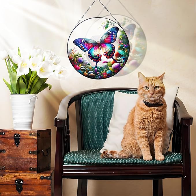 RIVEENY Butterfly Stained Glass Window Hangings, 8" Monarch Butterfly Hanging Stained Glass for Windows, Sun Catcher Garden Hangings Christmas Mother's Day, Valentine's Day Ornaments Festival Gift-VerdiqueGarden