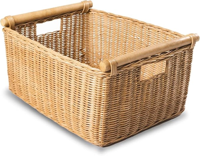 The Basket Lady Pole Handle Wicker Storage Basket, Extra Large, 20 in L x 16 in W x 10 in H, Sandstone-VerdiqueGarden