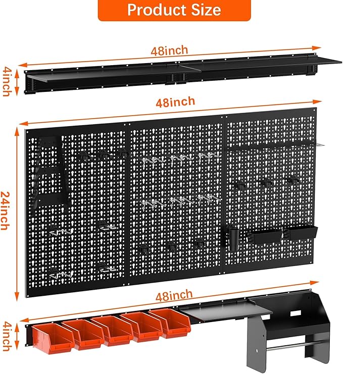 TORACK Metal Pegboard Wall Organizer 4ft Wide, Tool Storage Pegboard System for Garage with Accessories, Wall Mount Storage Bins, Shelves, Peg board Tool Organizer Kit for Workbench(Black)-VerdiqueGarden