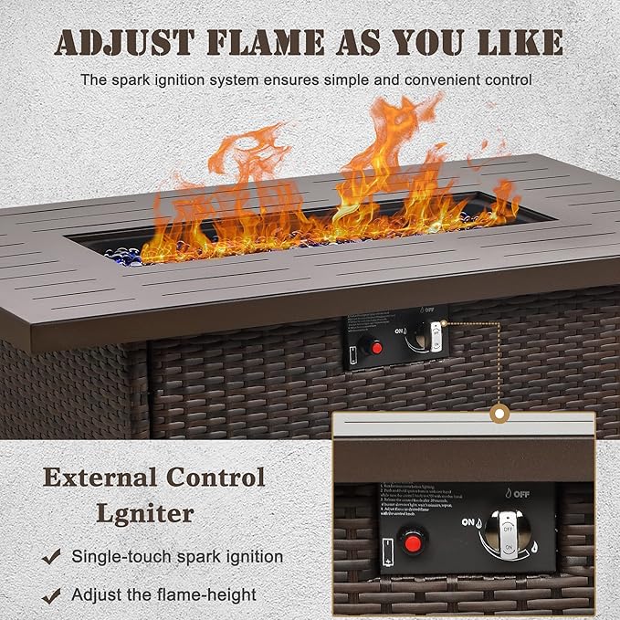 Propane Fire Pit Table,44 Inch 55000 BTU Outdoor Gas Fire Pit Rectangular with Glass Wind Guard for Outside Patio Deck (Brown-Aluminum Top)-VerdiqueGarden
