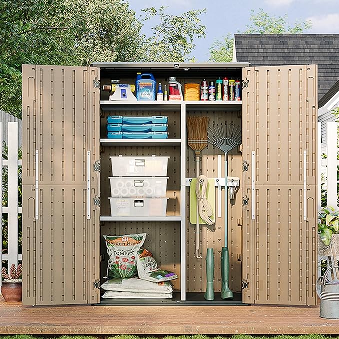 Aoxun Outdoor Storage Shed, 64 Cu.Ft Vertical Storage Sheds Outdoor with Floor, Outdoor Waterproof Storage Cabinet for Garage Storage, Pool Storage, Bike Shed, Garden Shed (Brown)-VerdiqueGarden