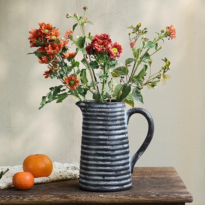 Quoowiit Ceramic Rustic Vase with Handle, Black Distressed Decorative Farmhouse Pitcher Vase for Home Decor Living Room Bedroom Kitchen Office Shelf Decor Centerpiece Table Decoration-VerdiqueGarden