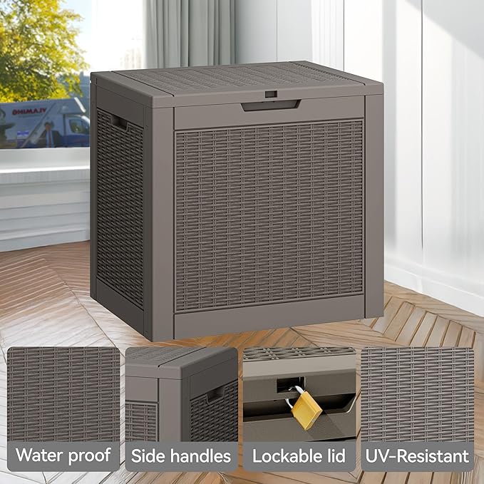 NUNU LAB 30 Gallon Waterproof Resin Deck Box, Lockable Outdoor & Indoor Storage Bench for Patio Cushions, Garden Tools, Pool Accessories & Package Deliveries – Grey-VerdiqueGarden