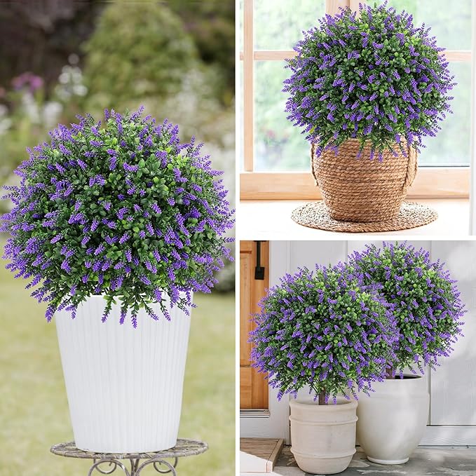 Artificial Lavender Topiary Ball Tree 25" with Ground Spike, Set of 2 Artificial Boxwood Bushes for Faux Shrubs, Fake Evergreen Faux Plant for Indoor Outdoor Porch Garden -UV Resistant–Fade-Proof-VerdiqueGarden