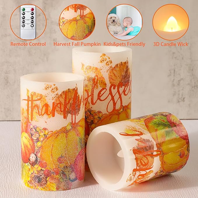 Thanksgiving Blessings LED Candles Pumpkin Glitter Desgin Real Wax Flickering Flameless Fall Harvest Battery Operated with Remote Timer 6H for House Warming Gifts New Home Table Tary Decor-VerdiqueGarden