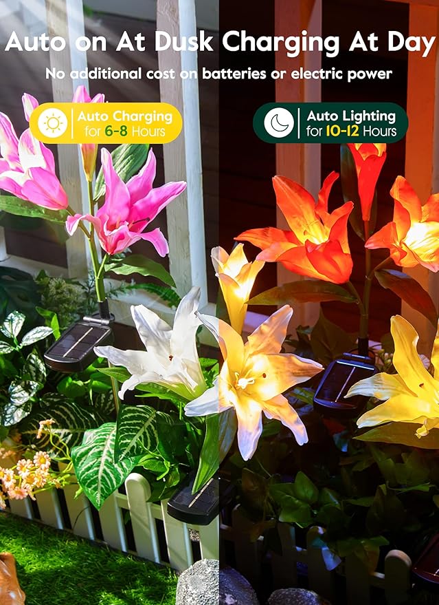 Brightown Solar Lights Outdoor, 4 Pack Solar Garden Lights with Larger & More Realistic Lily Flowers, Waterproof Outdoor Solar Lights for Yard Patio Lawn Pot Decoration-VerdiqueGarden