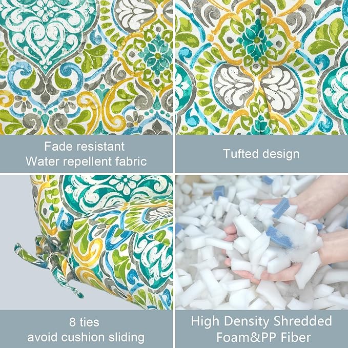 LVTXIII Outdoor Tufted Low Back Cushions, Solid Fluffy Seat and Back Chair Cushion with Ties, Patio Replacement Rocking Chair Cushion for Outdoor Furniture Use, 21 W x 21D, 2 Pack, Damask Green-VerdiqueGarden