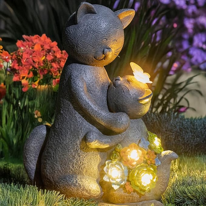 Solar Garden Statues Loving Cat Figurine Lights for Outside, Yard Decorations Outdoor, Garden Christmas Decor Unique Birthday Housewarming Gifts for Mom, Women-VerdiqueGarden