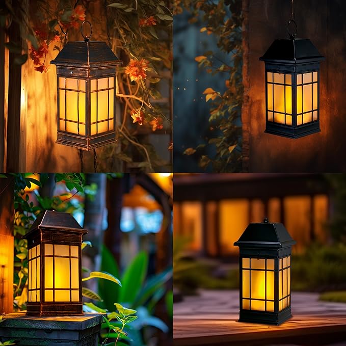14" Solar Lantern Outdoor Waterproof, Glass Flickering Flame Solar Lanterns, Hanging Metal Lantern Decorative for Patio Front Porch Garden Backyard Tabletop Party Decoration-VerdiqueGarden