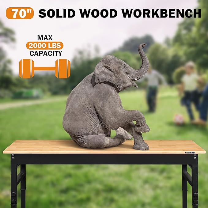 70" Adjustable Height Workbench, 2000 LBS Heavy Duty Work Table with Power Outlets & Pegboard, Rubber Wood Workstation for Garage, Workshop, Office, Home, Commercial-VerdiqueGarden