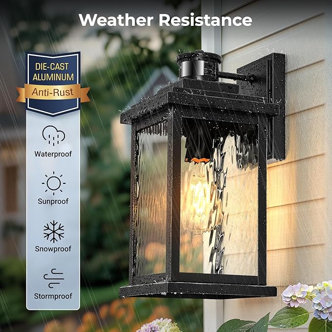 VIANIS Large Advanced Motion Sensor Outdoor Lights, Black Easy-to-Install Dusk to Dawn Outdoor Wall Lights, Aluminum Waterproof Porch Light with Water Glass for Porch, Garden, Front Door-VerdiqueGarden