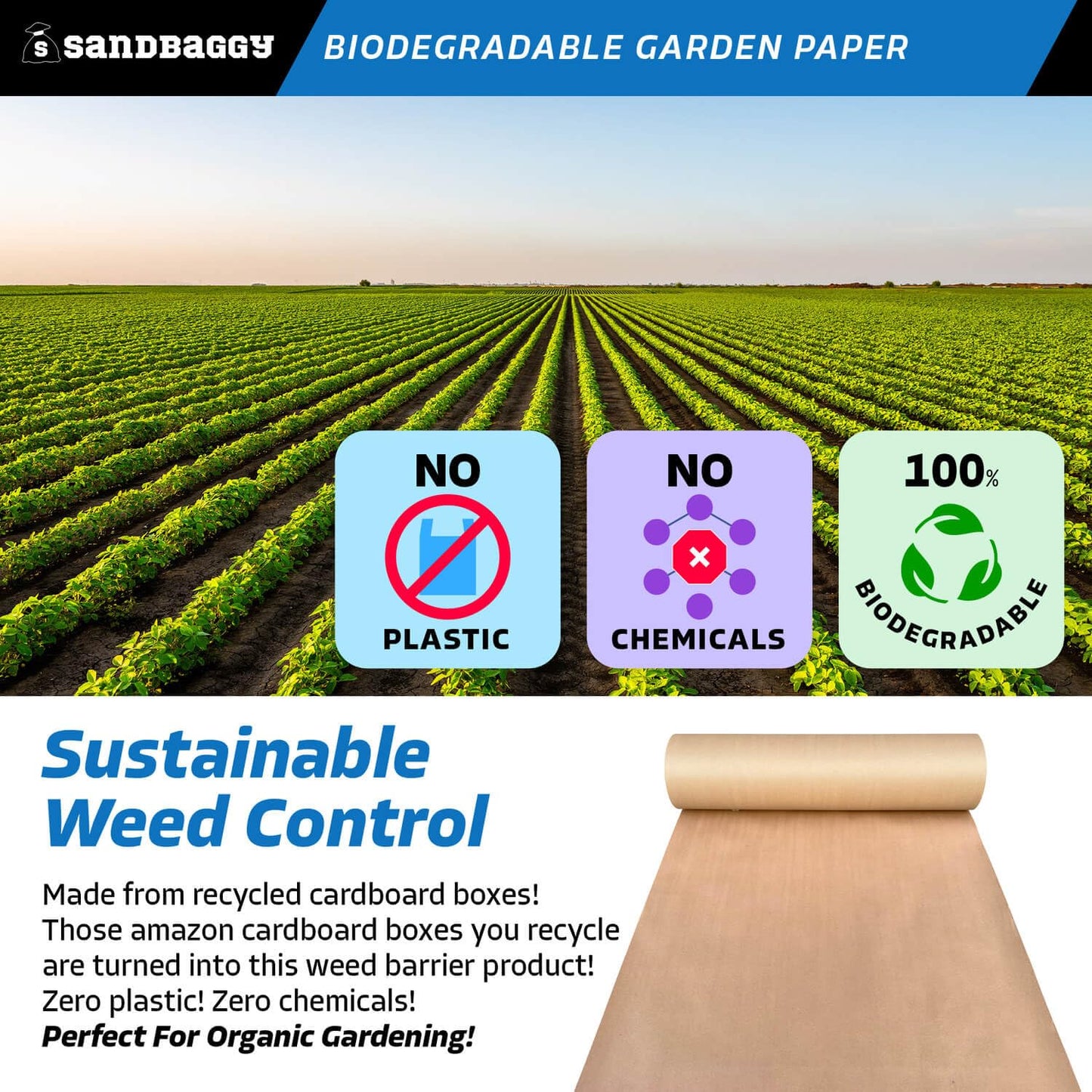 Sandbaggy Biodegradable Landscape Fabric - Garden Paper for Weeds - Paper Mulch Rolls - Made in America (4 ft x 475 ft, 25)-VerdiqueGarden