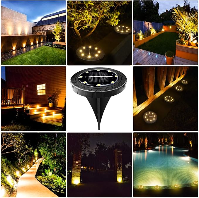 Solar Powered 8 Pack Outdoor LED Disk Lights - IP68 Waterproof, Non-Slip, Wear-Resistant Pathway Lights (Warm White)-VerdiqueGarden