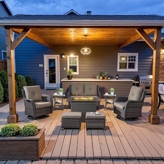 8 Piece Outdoor Patio Furniture Set - 41" CSA Propane Fire Pit Table Patio Conversation Set with Swivel Rocker Outdoor Chairs, Wicker loveseat and Ottoman for Outside Casual Gathering-VerdiqueGarden