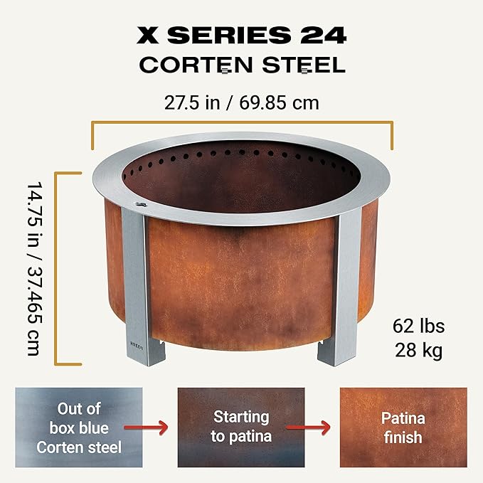 Breeo Smokeless Fire Pit (X Series 24, Corten Steel) | 27.5 inch Smokeless Firepit for Outside | 62 Pounds | Ideal for Families Compatible with Wide Range of Breeo Accessories-VerdiqueGarden