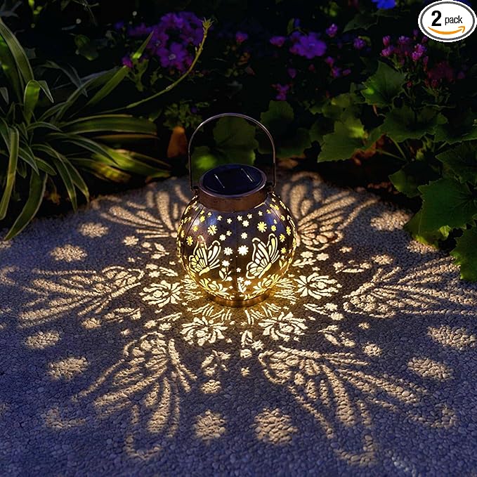 2 Pack Outdoor Solar Hanging Lantern Lights Metal LED Decorative Lamp for Garden Patio Porch Lawn and Table.Unique Gifts for Women Gardening. (Bronze Butterfly)-VerdiqueGarden