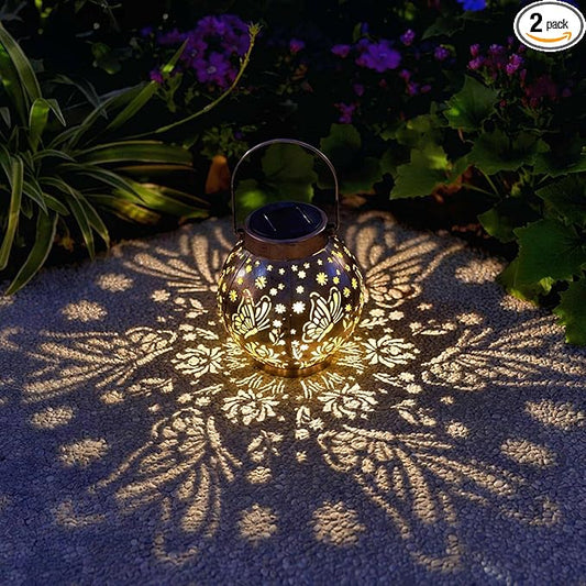 2 Pack Outdoor Solar Hanging Lantern Lights Metal LED Decorative Lamp for Garden Patio Porch Lawn and Table.Unique Gifts for Women Gardening. (Bronze Butterfly)-VerdiqueGarden