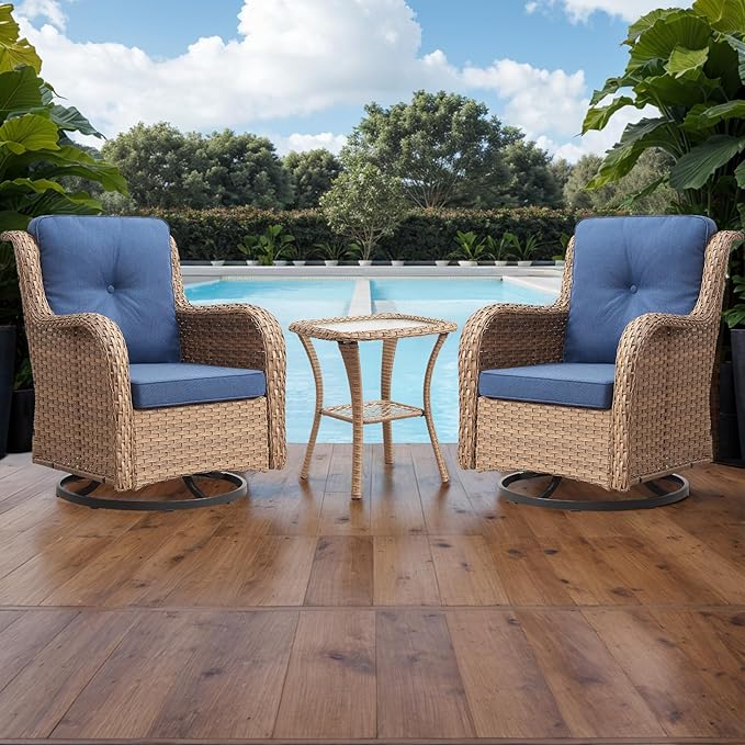 Outdoor Patio Swivel Rocker Chairs - 3 Piece Patio Bistro Set,Wicker Patio Furniture Set with 2 Swivel Rocking Chairs and 1 Glass Top Side Table for Deck Porch Garden,Yellow/Blue-VerdiqueGarden