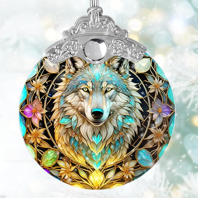 Stained Glass Suncatcher Hanging Ornament, Wolf Decor for Home, Christmas Ornament-VerdiqueGarden