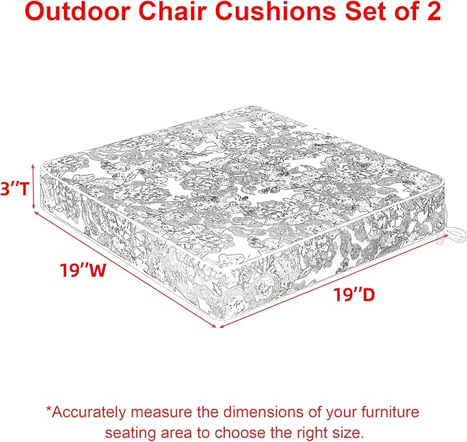 Favoyard Outdoor Chair Cushion 19 x 19 x 3 In Waterproof Pattern Fade Resistant Cushions for Patio Furniture with Removable Cover Attach Straps 28D Foam Insert Cushions Pads for Seat Sofa Couch 2 Pack-VerdiqueGarden