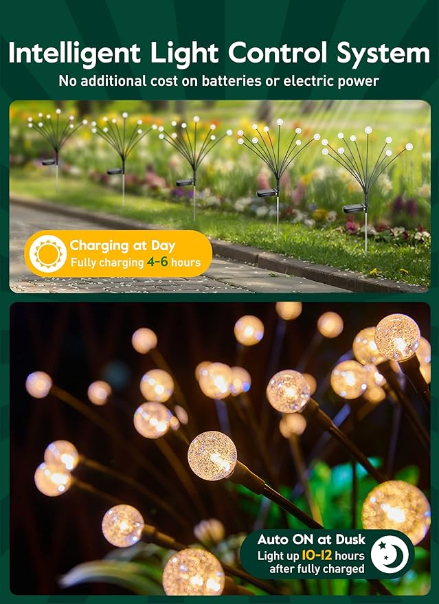 Solar Garden Lights - 4 Pack 12 LED Crystal Solar Firefly Lights with 2 Lighting Mode, Sway by Wind, Waterproof Solar Decorative Lights, Solar Outdoor Lights for Yard Walkway Decoration, Warm White-VerdiqueGarden