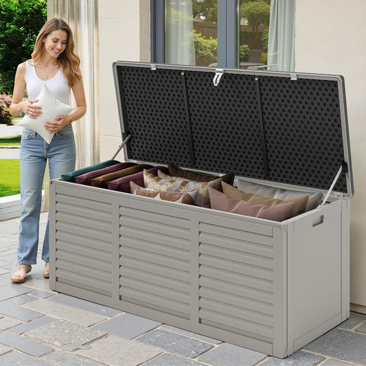 130 Gallon Outdoor Deck Box, Waterproof Resin Box with Lockable Lid, UV-Resistant for Cushions, Garden Tools & Pool Accessories (GRAY), Patio Furniture-VerdiqueGarden