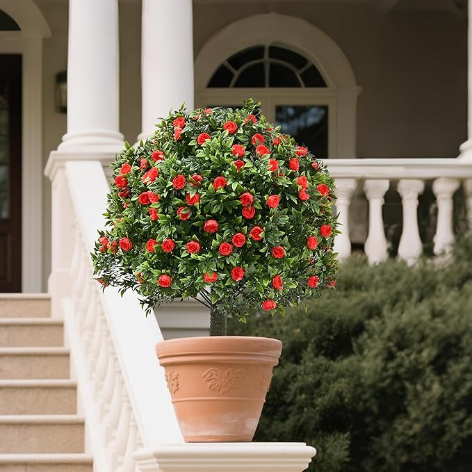 28" Artificial Boxwood Topiary Tree with Rose, Set of 2 Artificial Shrub Bushes with Ground Spike, Fake Evergreen Tree for Porch, Artificial Plants for Outdoor Planters Indoor UV Resistant-VerdiqueGarden