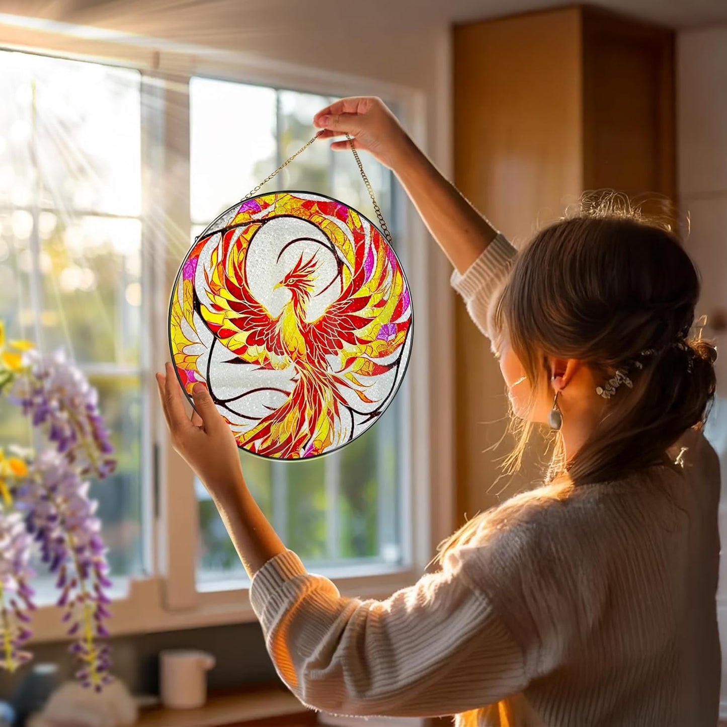 Stained Glass Window Hanging, Stained Glass Suncatcher, Phoenix Sun Catcher, Window Decor, Phoenix Gift, Gifts for Mothers Day, Christmas or Birthday Gift, Gifts for Her Mom Grandmother Daughter-VerdiqueGarden
