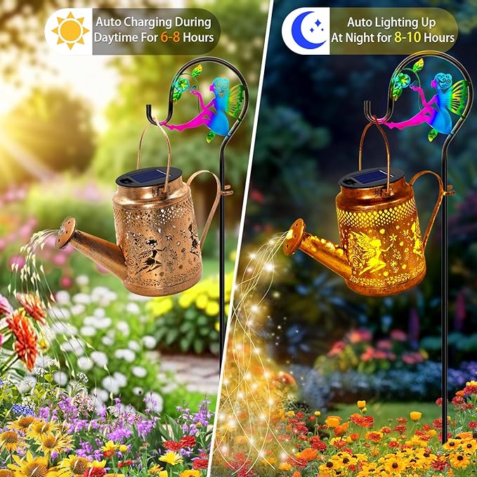 Solar Lanterns Outdoor Waterproof,Metal Watering Can Garden Decor,Fairy Hanging Solar Path Lights Yard Art,Outside Patio Decorations Gardening Birthday Gifts for Mom Grandma Women（with Shepherd Hook）-VerdiqueGarden