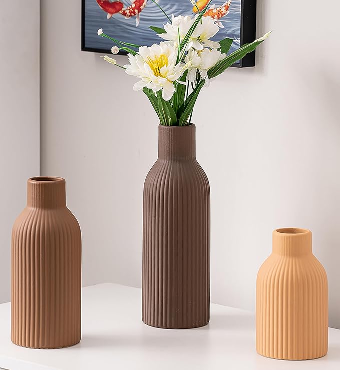 Ceramic Vase Set of 3, Flower Vases for Spring Room Decor, Kitchen Farmhouse, Modern Boho Style(Brown/Dark Brown/Orange)-VerdiqueGarden