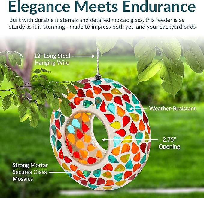 Sunnydaze 6-Inch Glass Mosaic Hanging Bird Feeder for Outdoors - Fly-Through Wild Bird Feeder - Confetti Mosaic-VerdiqueGarden