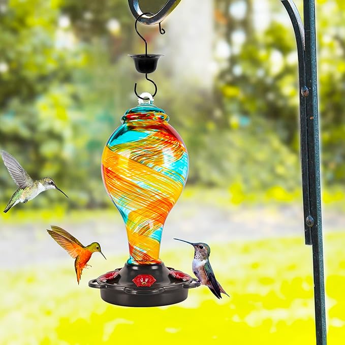 LUJII Hand Blown Glass Hummingbird Feeder for Outdoors Hanging with Ant Moat, 25 fl.oz, Leak Proof & Rustproof, Metal Base with 5 Feeding Ports & 5 Perches, Unique Garden & Backyard Decor (Ribbon)-VerdiqueGarden