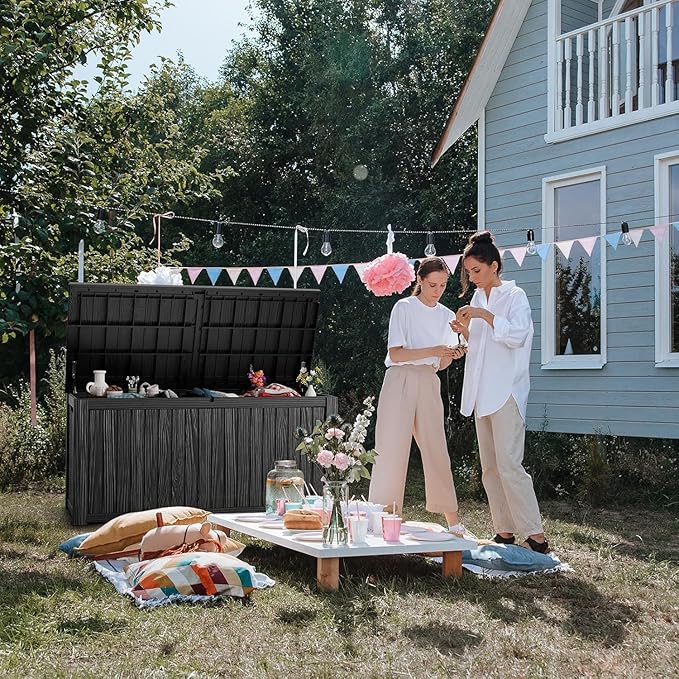 182 Gallon Deck Box Waterproof, UV Resistant Resin Outdoor Storage Box with Hydraulic Rod, Lockable Design and Enhanced Durability for Patio, Garden, and Poolside Use-VerdiqueGarden