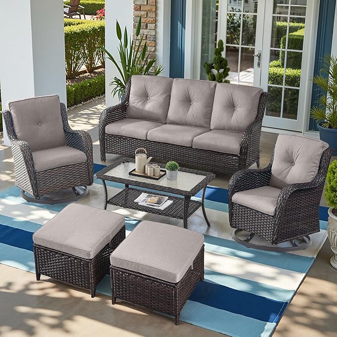 Outdoor Wicker Patio Furniture Set - 6 Piece Rattan Patio Conversation Set with 2 Rocking Swivel Chairs,2 Ottomans,1 Sofa and 1 Coffee Table for Porch Deck Backyard Garden(Brown/Grey)-VerdiqueGarden
