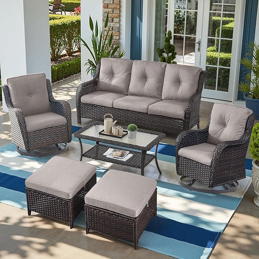 Outdoor Wicker Patio Furniture Set - 6 Piece Rattan Patio Conversation Set with 2 Rocking Swivel Chairs,2 Ottomans,1 Sofa and 1 Coffee Table for Porch Deck Backyard Garden(Brown/Grey)-VerdiqueGarden