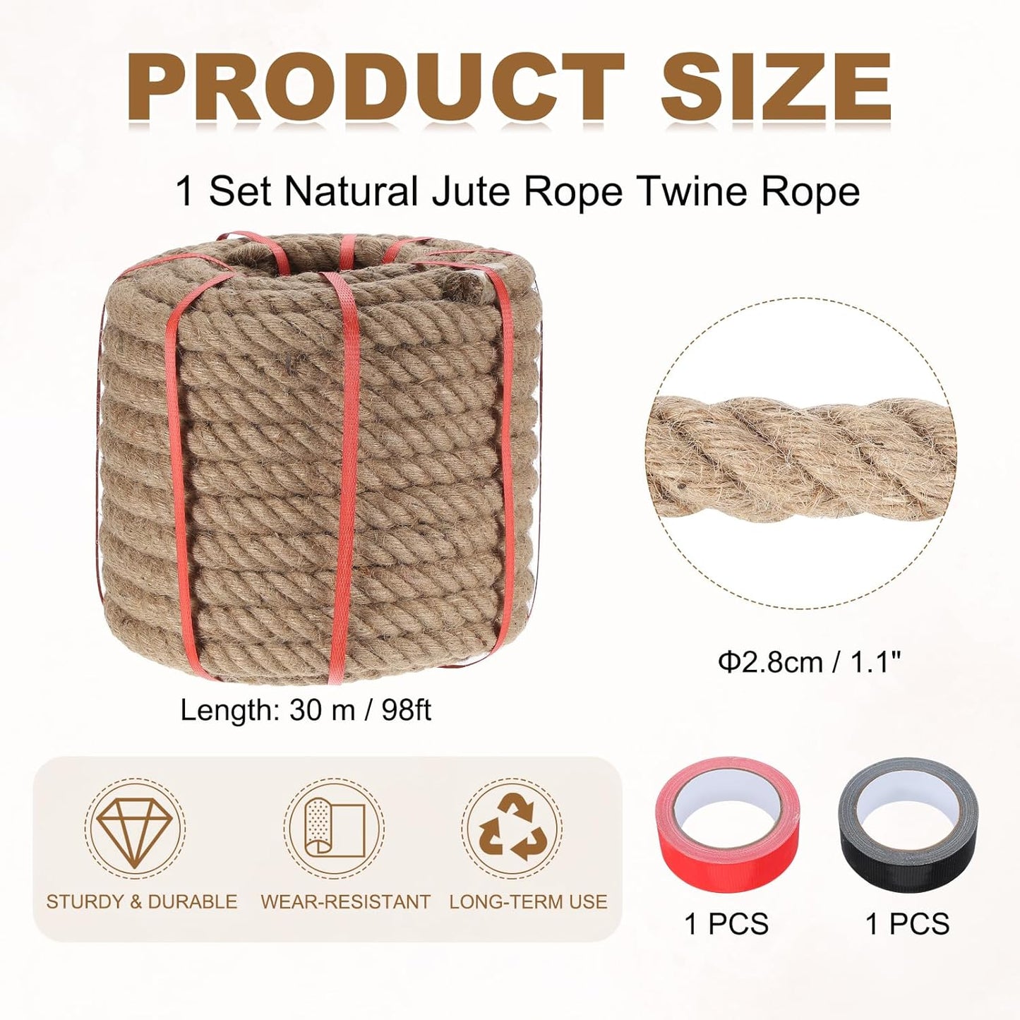 MECCANIXITY Jute Rope 1.1 Inch x 98ft, Thick Twine Rope Ropes Braided Jute Twine Natural Brown Burlap Cord String Heavy Twisted with Tapes for Decorative Crafts Railing Swing Tug of War-VerdiqueGarden