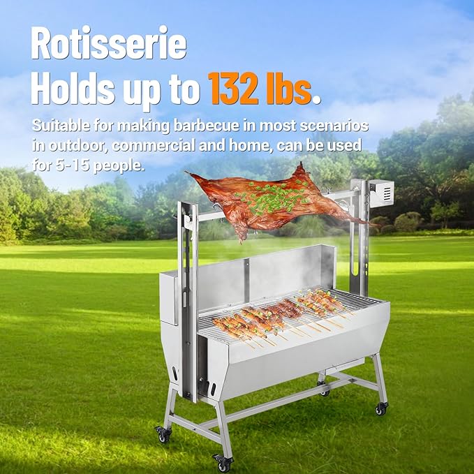 Stainless Steel Electric Pig Rotisserie Grill with Fire Pit & Baffle - 60kg Capacity, 50W Motor for Whole Pig/Lamb, Asador de Puerco Outdoor Camping BBQ-VerdiqueGarden