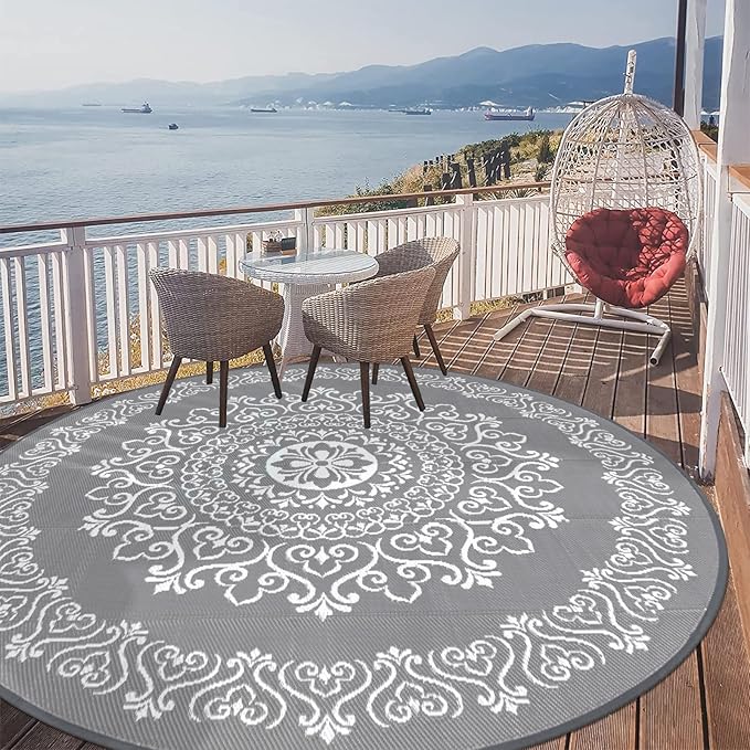 Pauwer Waterproof Outdoor Rug 8ft, Reversible Plastic Straw Patio Camping Rug, Indoor Outdoor RV Mat Carpet for Deck, Camper, Porch, Balcony, Backyard, Picnic, Floral Grey-VerdiqueGarden