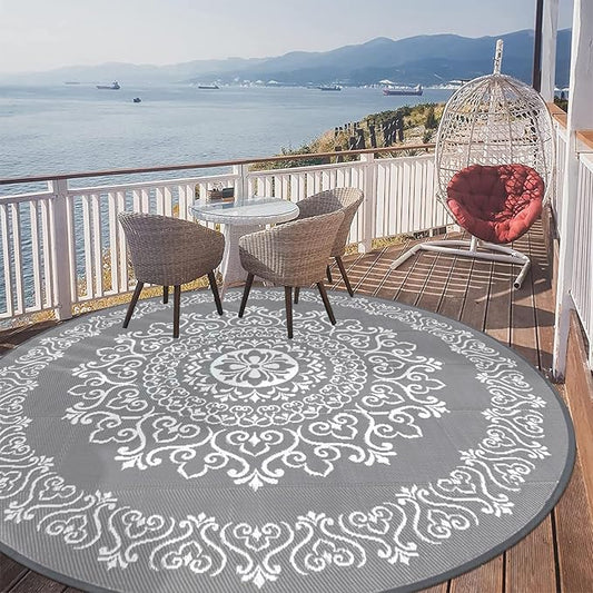 Pauwer Waterproof Outdoor Rug 8ft, Reversible Plastic Straw Patio Camping Rug, Indoor Outdoor RV Mat Carpet for Deck, Camper, Porch, Balcony, Backyard, Picnic, Floral Grey-VerdiqueGarden