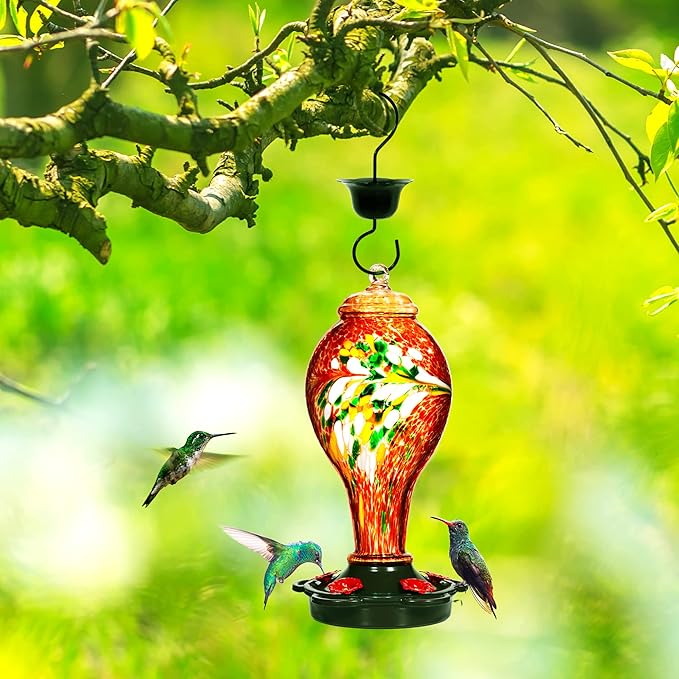 LUJII Hummingbird Feeder for Outdoors, Hand Blown Glass Humming Bird Feeder, Anti Fade Leakproof with 25 Ounces Nectar Capacity, Easy to Install Clean Refill, Include Hook & Ant Moat (Red)-VerdiqueGarden