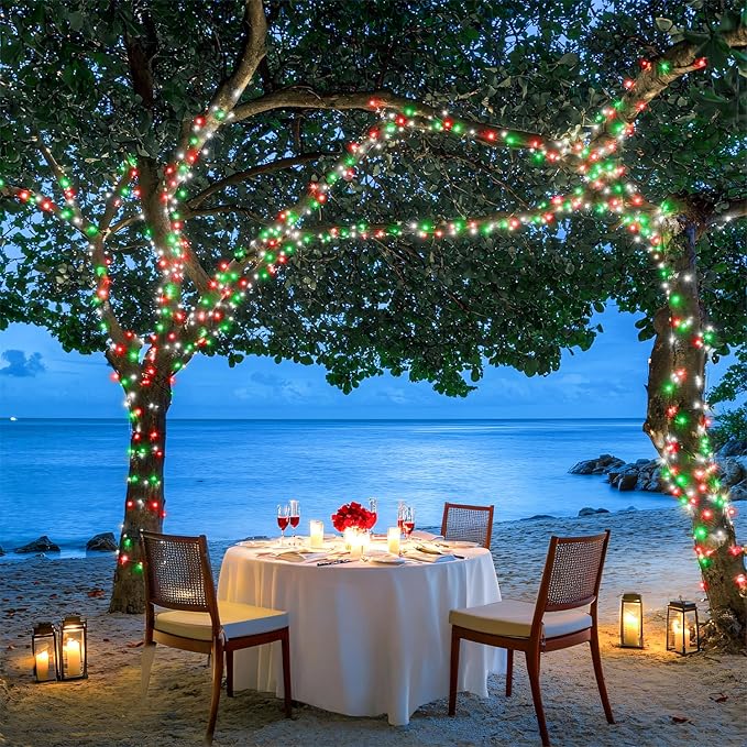 JMEXSUSS Connectable Red White and Green Christmas Lights, 8 Modes 100 LED Twinkle String Lights Indoor, Clear Wire Plug-in String Lights Outdoor Waterproof-VerdiqueGarden