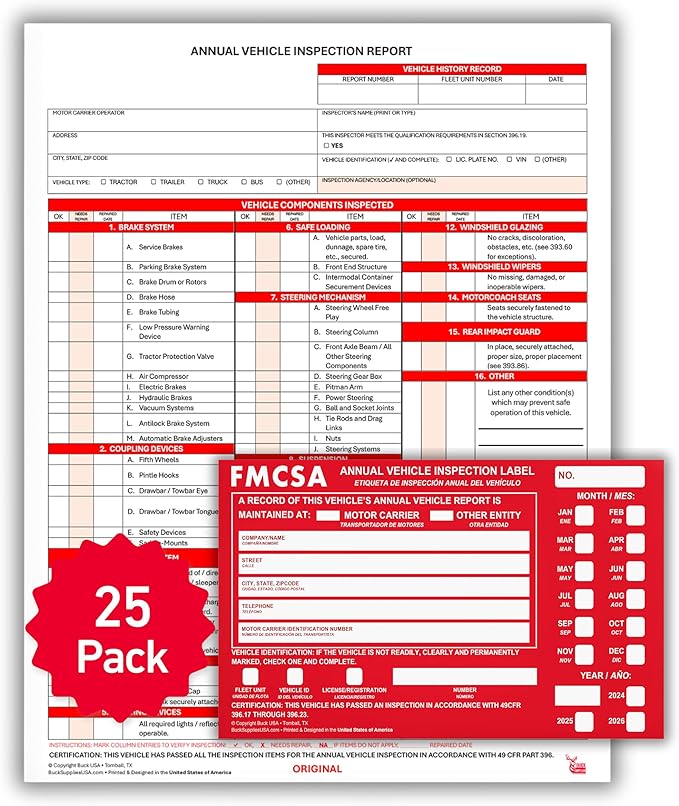 25 Pack Buck 3-Ply Carbonless Annual Vehicle Inspection Report Forms with Red Aluminum FMCSA Adhesive Labels with Punch Boxes, FMCSA & DOT Compliant, Shrinkwrapped Bundle, 8.5" x 11.8" - Made in USA-VerdiqueGarden