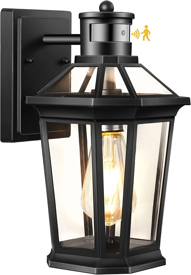 VIANIS Motion Sensor Outdoor Lighting, Outdoor Wall Lights Wall Mount with Clear Glass, Black Dusk to Dawn Garage Light Sconce, Waterproof Exterior Lights for House, Brightness Distance Adjustable-VerdiqueGarden