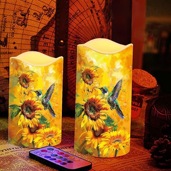 Ystardream Flameless Candle Valentine Candles Hummingbird Unity Candles for Wedding Ceremony Set with Remote and Timer Battery Operated Realistic LED Window Candles Dinner Wedding Sunflower Print-VerdiqueGarden