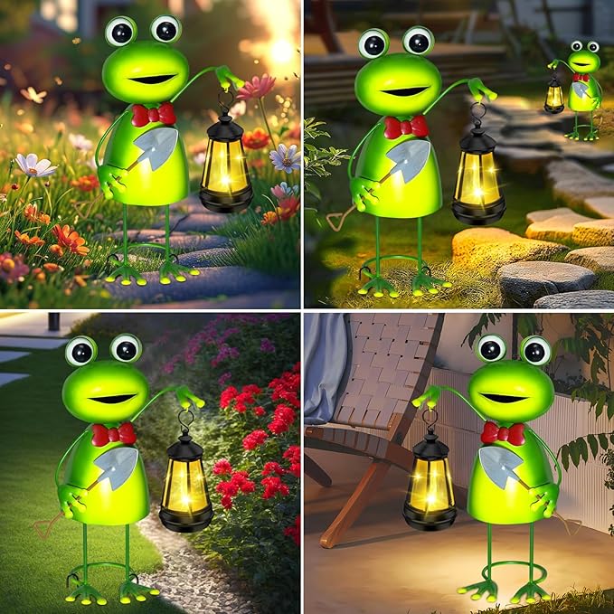 Solar Garden Lights Frog Statue with Solar Lantern lights,13.78in Frog Decoration Fairy Accessories,Birthday Gifts for Women Mom Grandma,Big Metal Decorative Stakes for Home decor,Patio,Porch,Yard Art-VerdiqueGarden